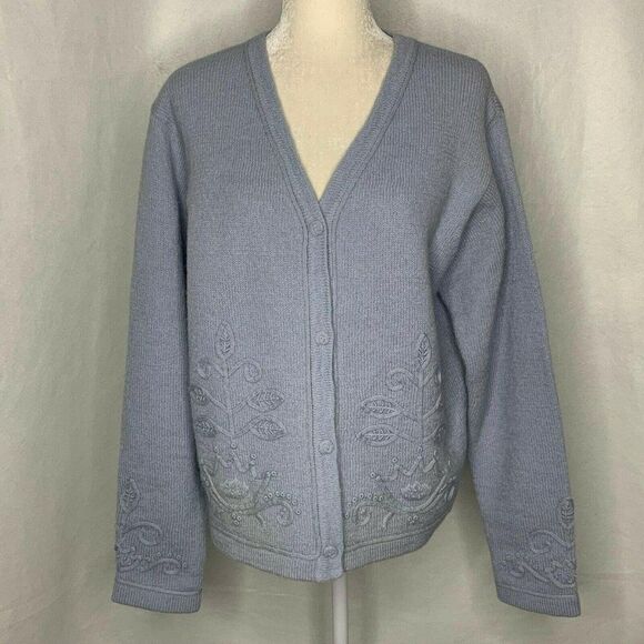 Coldwater Creek Cardigan Sweater L Blue Wool Snaps Ribbon Embroidery - Picture 2 of 7